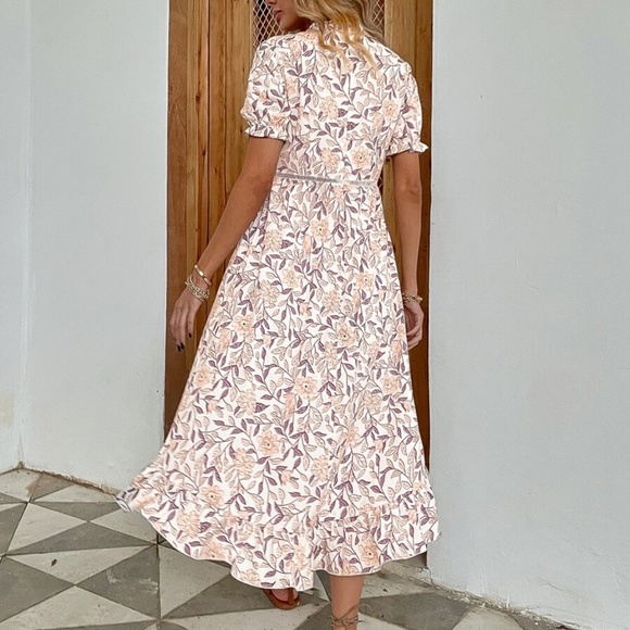 Boho V neck Ruffle Puff Sleeve Floral Midi Dress - Picture 5 of 6